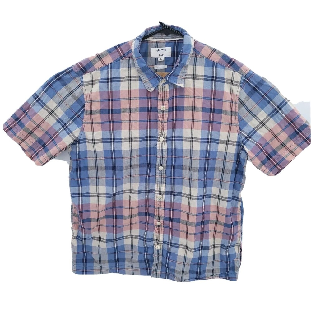 FatFace Shirt Mens XL Blue‎ Pink Folk Plaid Short Sleeve 100% Cotton Button Up